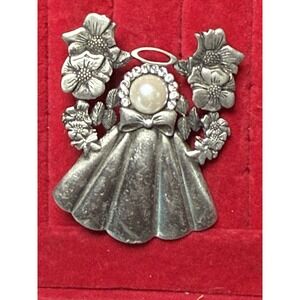 Vintage Signed JANE Angel Brooch Pewter Pearl Rhinestone Dogwood‎ Flower Pin